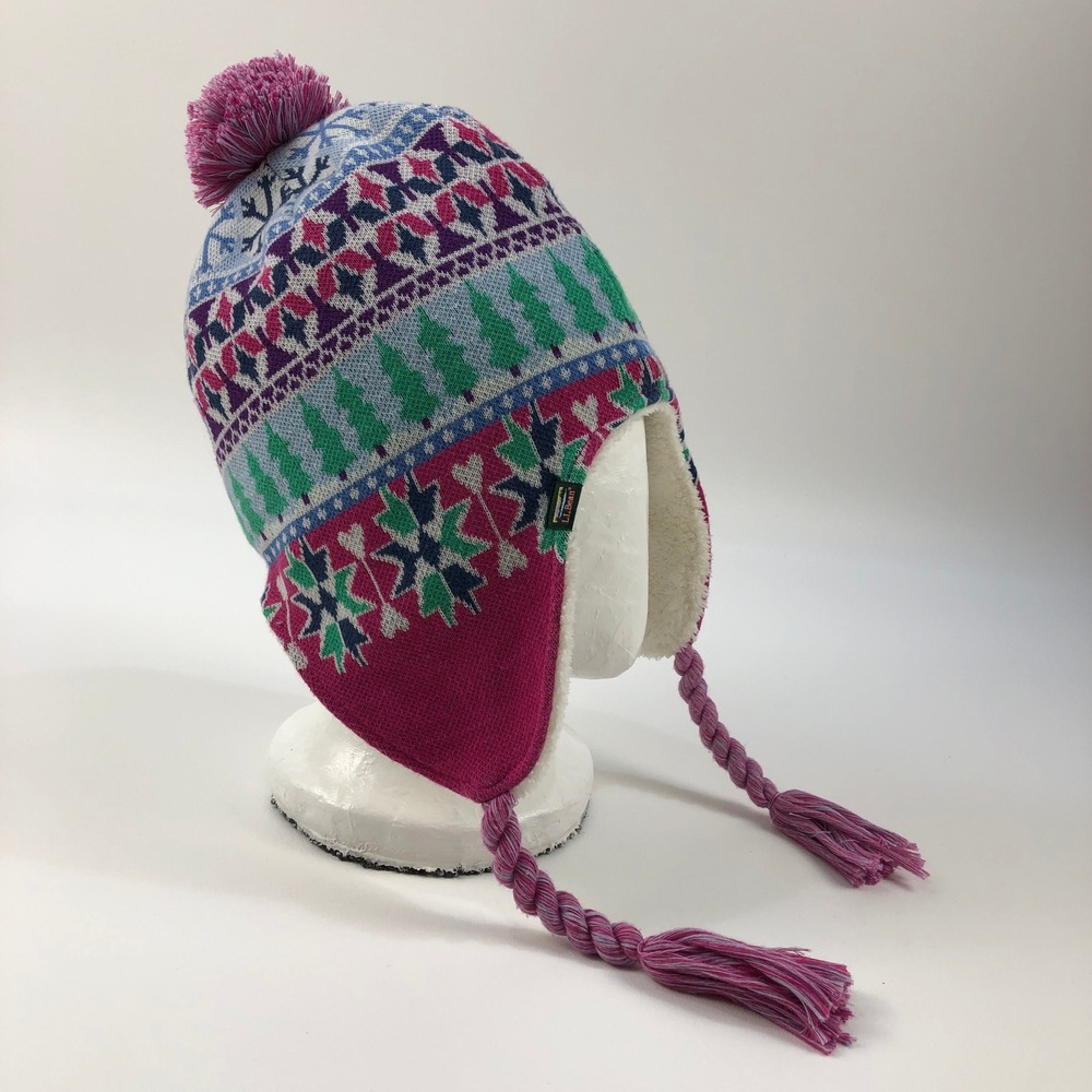 L.L. Bean Hat Womens OSFM Fair Isle Earflap Knit Fleece Pink Blue Pine Tree EUC
